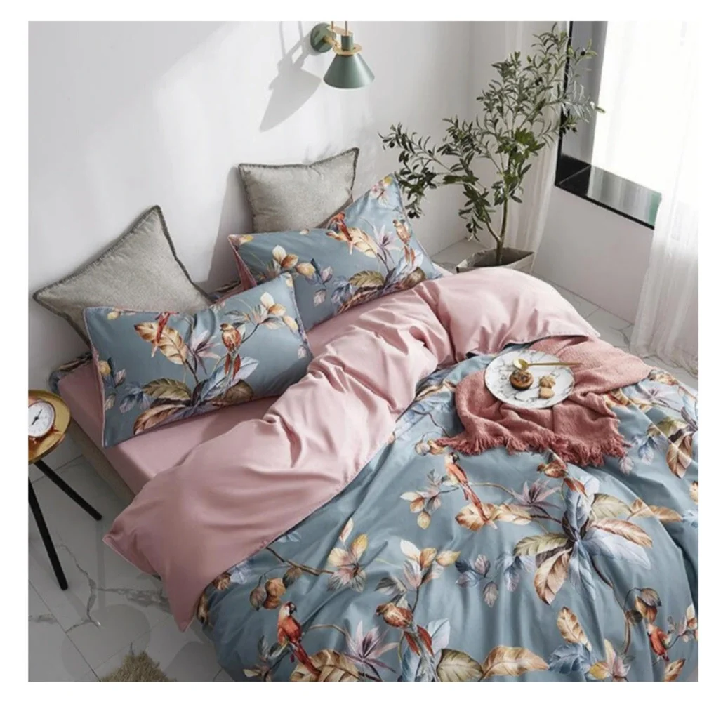 Anjos Pastoral Birds Leaves Cotton Duvet Cover Set 600TC 3pc Bedding Set Queen